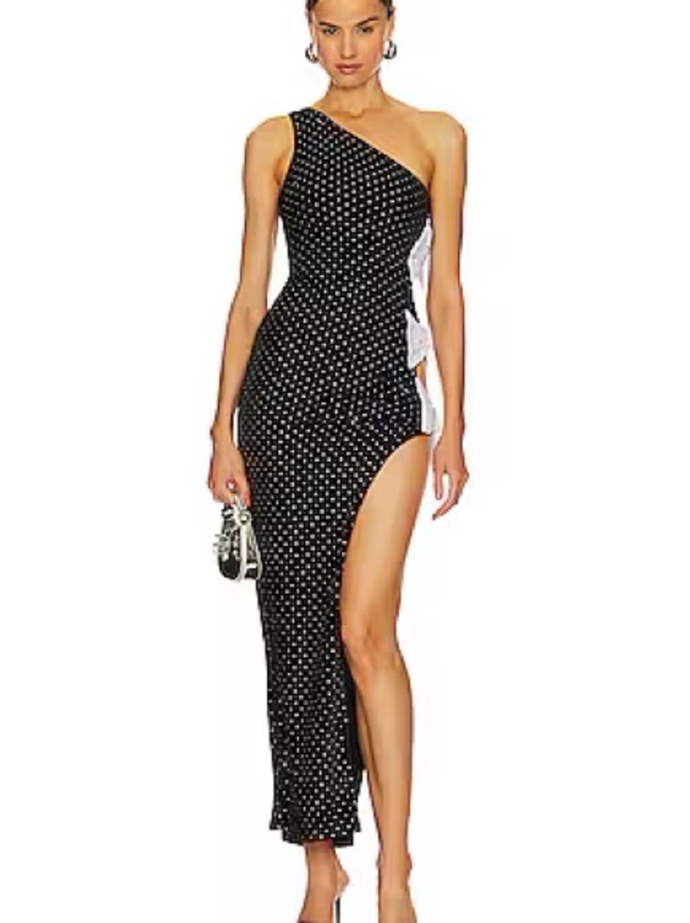 MAJORELLE Black and White Polka Dot One-Shoulder Midi Dress